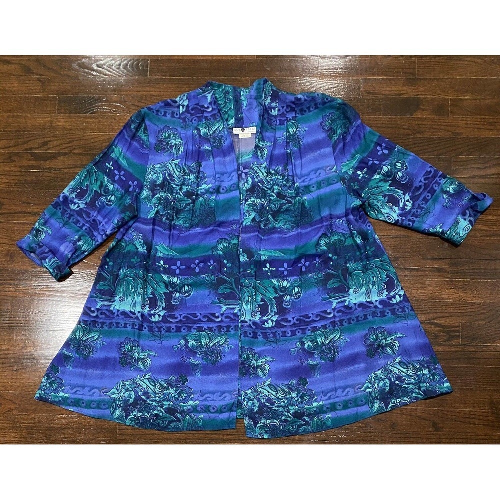 Vtg! Solitaire Woman Longline Floral Kimono Style Open Cardigan Sz 18W/38 Flowy